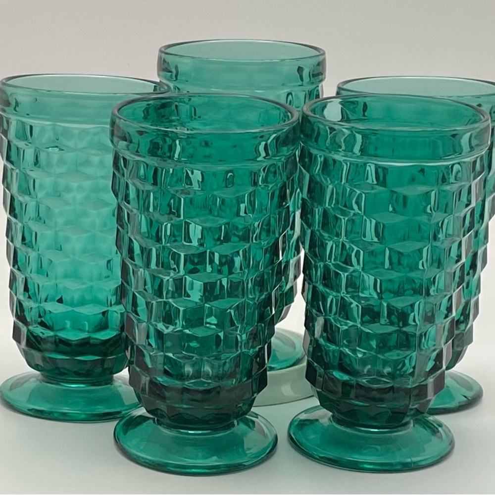 Set of 5 Vtg Indiana Whitehall Colony Cubist Footed Iced Tea Blue/Green Glasses